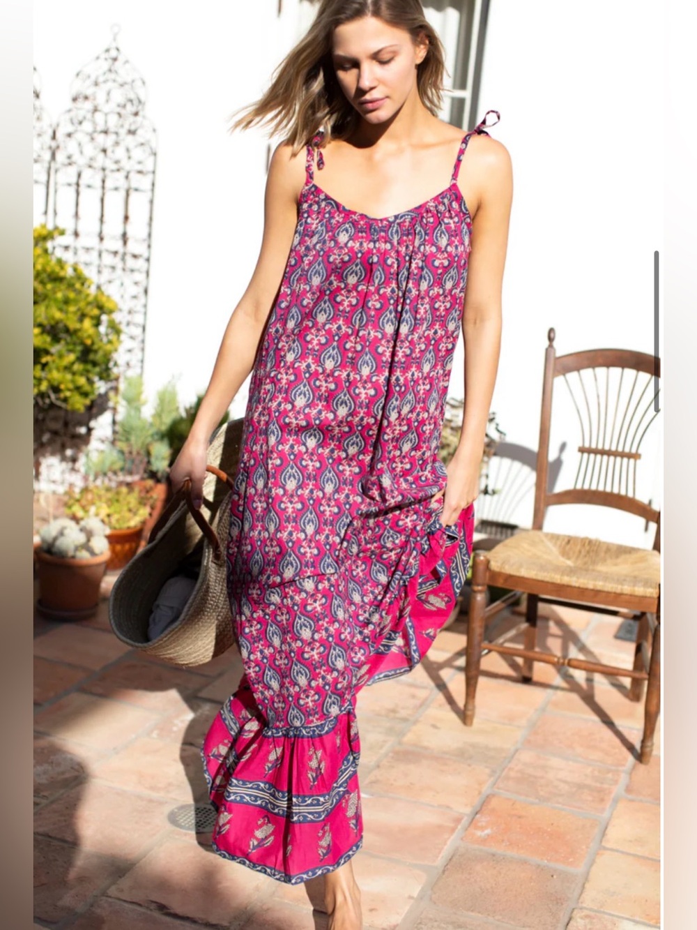 Emerson Fry Curation Size M/L • India Sundress Pink Tie Strap Maxi Dress.